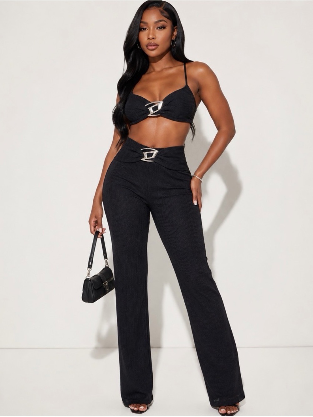 Fashion Nova Black High-Waist Wide-Leg Pants with Decorative Buckle